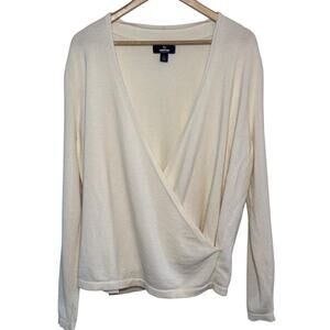 Lands' End 100% Cashmere Cream Faux Wrap Sweater Size Large